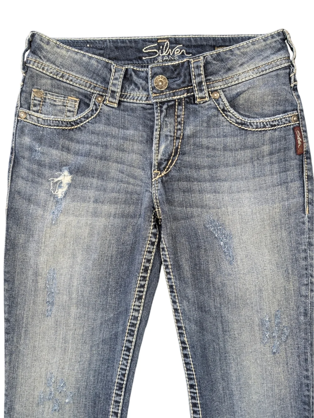 Vintage Y2K Silver Jeans Suki Surplus Capri Distressed Cotton Jeans. Size 28